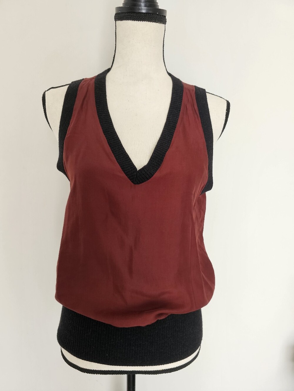 All Saints Kayo Tank Silk Sleeveless V-Neck Wool Knit-Trim Tank Top SZ 6 US